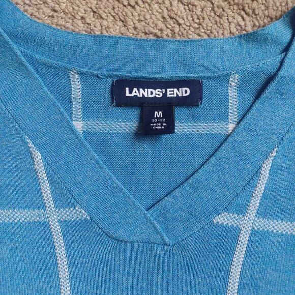 Lands End Plaid Split Hem Sweater Womens M 10-12 V-Neck Blue Nautical Check - Picture 4 of 8